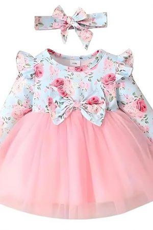 Niren Enterprise Hornbill Floral Printed Purple Color Baby Frock with Long Sleeve Knee-Length and Round Color Style