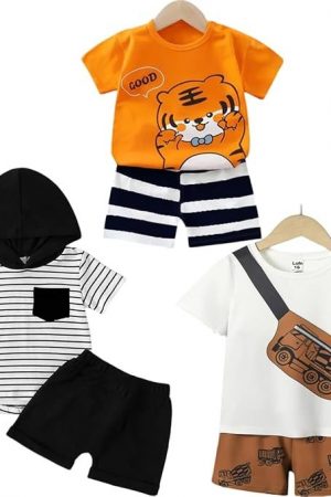 Lofn Unisex-Child Cotton Clothing Sets for Baby Boys & Baby Girls Printed Kids Clothing Sets - Unisex Clothing sets Half sleeve T-Shirt & Shorts Pack Of 3
