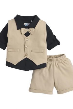 BUMZEE Boys Cotton Shirt Waistcoat & Short Set With Applique Bow