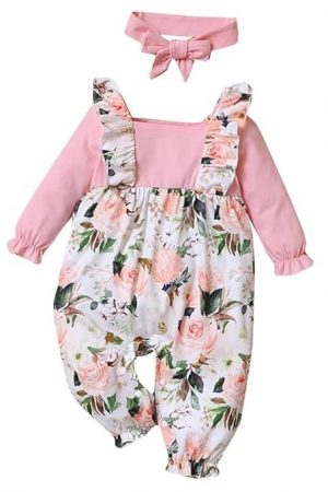 Hopscotch Girls Cotton, Polyester Floral Print Full-Sleeve Footie in Pink Color