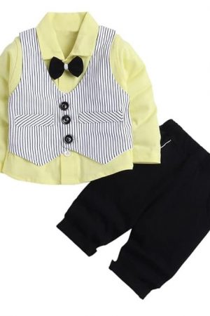 Hopscotch Boy's Cotton Striped Stripe Print Shirt Pant Set With Waistcoat