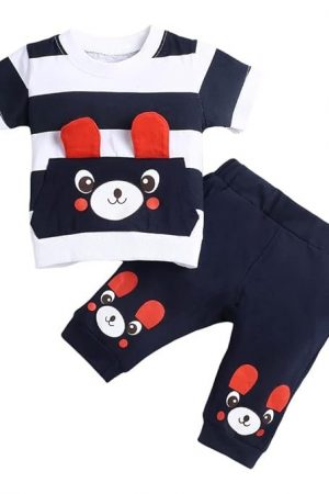 Hopscotch Boy's Cotton Striped Stripes Bear Print Half Sleeves T-Shirt And Joggers Set