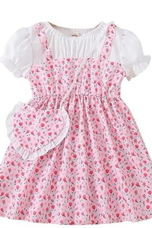 Niren Enterprise Girl's Crispillo Floral Printed Short Sleeve Cotton Knee-Length Baby Frock With Purse